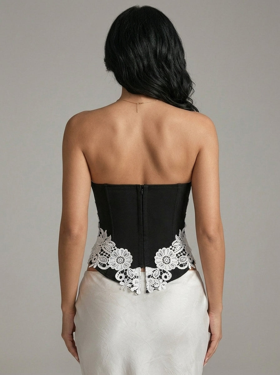 Zephrina Isolde lace applique corset bra in black and white