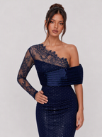 Zephrina Ottilia asymmetric lace satin maxi dress in navy