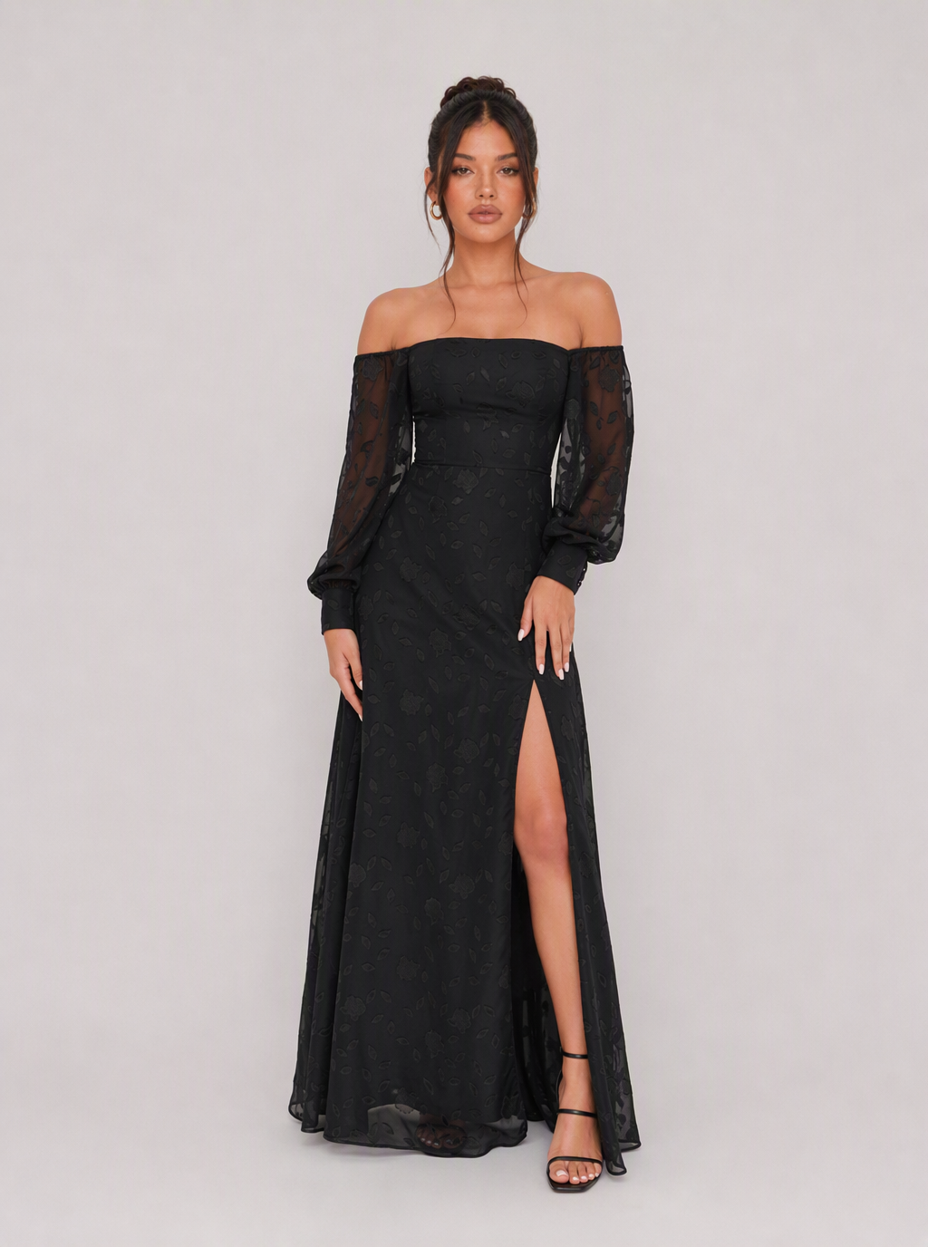 Zephrina Aureliane off-shoulder mesh slit maxi dress in black