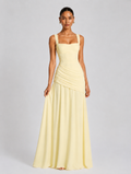Yellow Square Neckline Pleated Maxi Dress