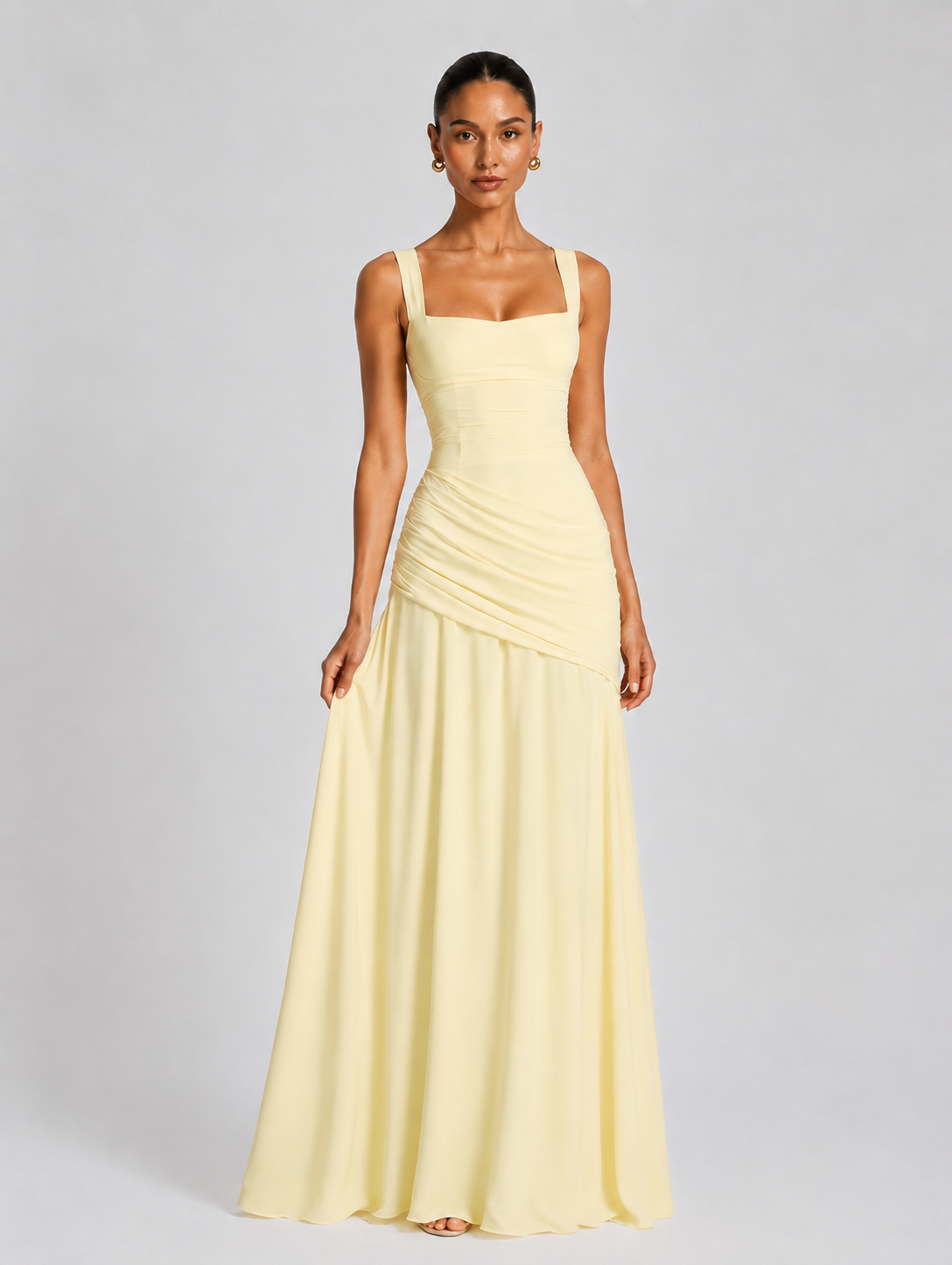 Yellow Square Neckline Pleated Maxi Dress