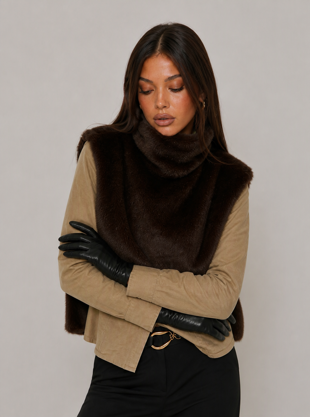 Zephrina Lilibet sleeveless faux fur coat in coffee high-low