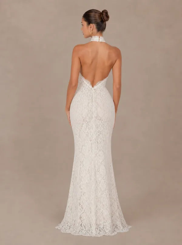 Zephrina Avelina halter floral lace maxi dress in white with a fitted mermaid silhouette