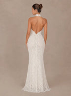 Zephrina Avelina halter floral lace maxi dress in white with a fitted mermaid silhouette
