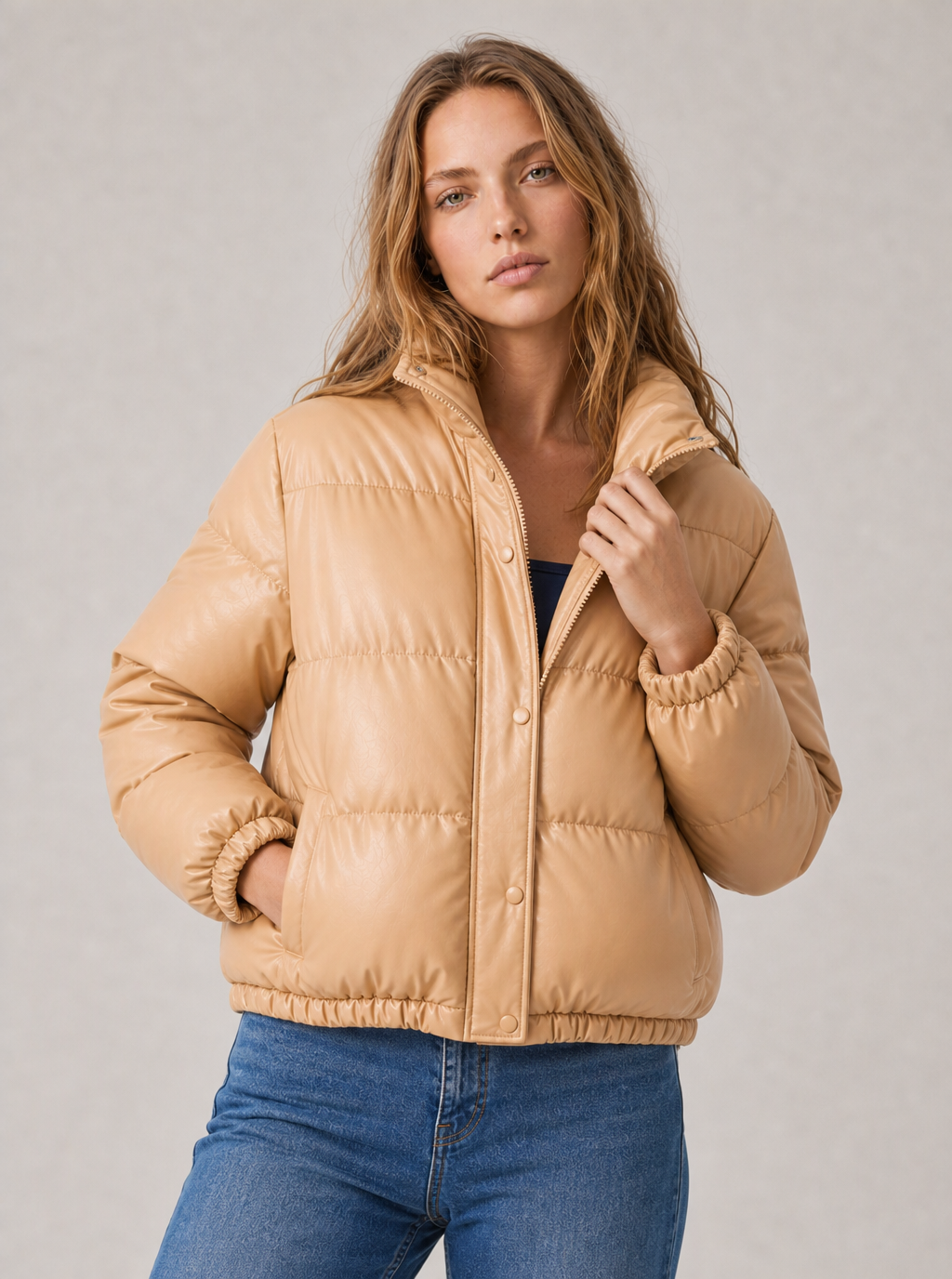 Zephrina Anneliese faux leather quilted puffer jacket in black