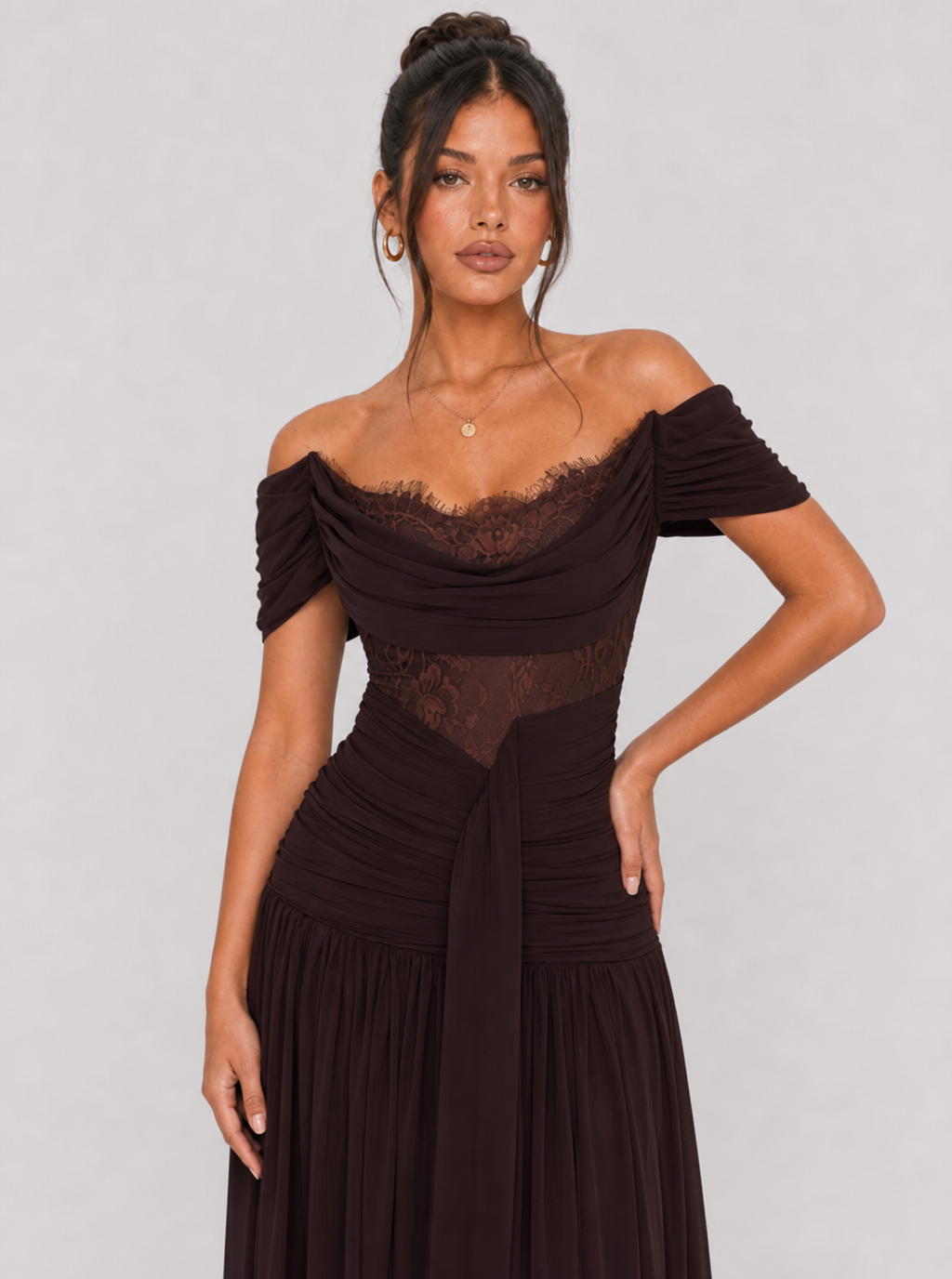 Zephrina Thessaly lace off-shoulder maxi dress in brown