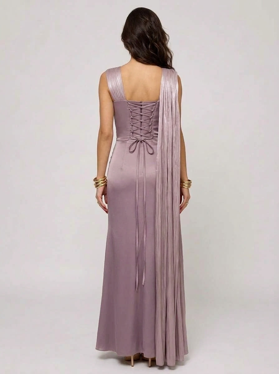 Zephrina Serenelle pleated satin maxi dress in dusty purple