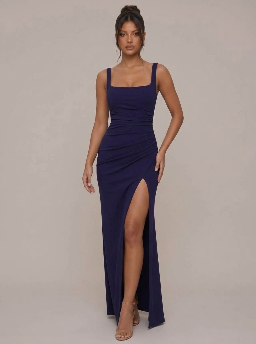 Zephrina Verity square-neck slit maxi dress in black