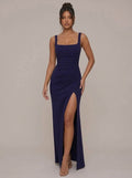 Zephrina Verity square-neck slit maxi dress in black