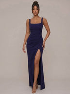 Zephrina Verity square-neck slit maxi dress in black