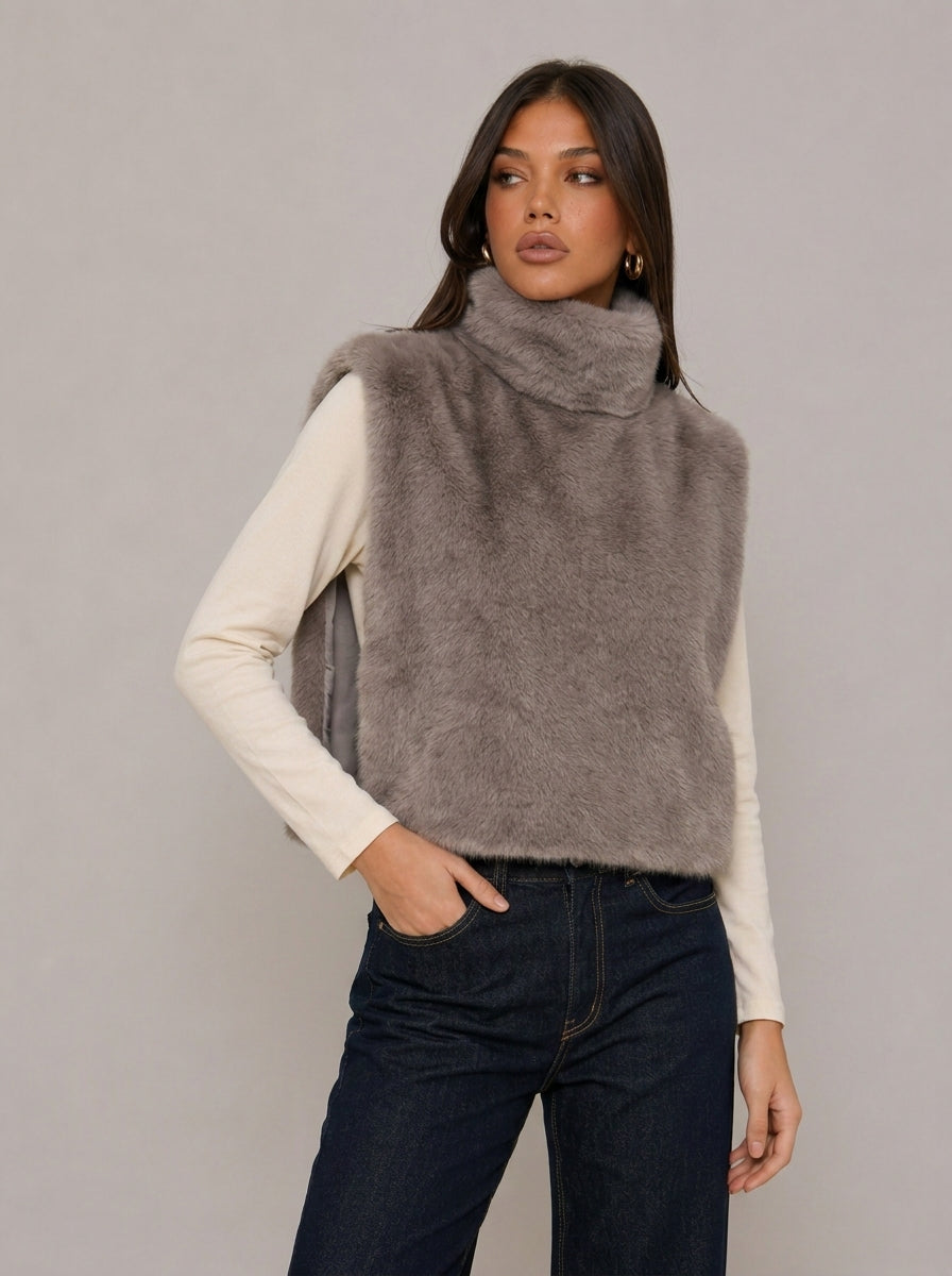 Zephrina Lilibet sleeveless faux fur coat in coffee high-low