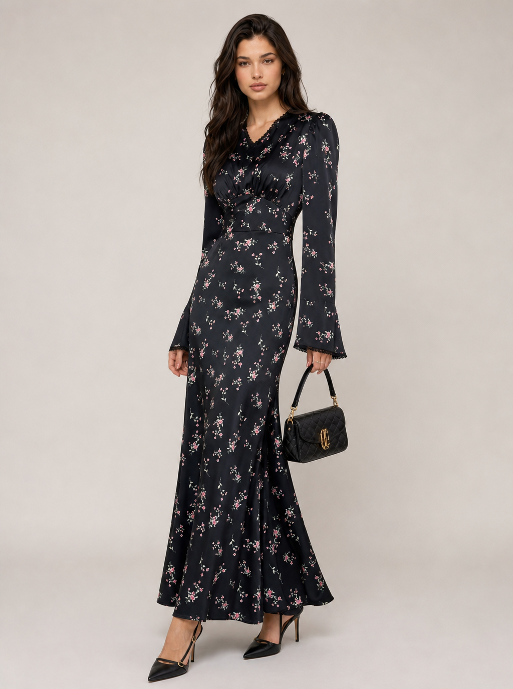 Zephrina Fressia floral lace maxi dress in black
