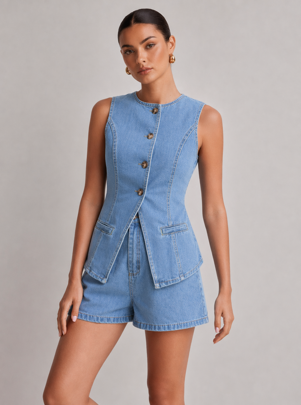 Wash Embossed Denim Vest & High Waist Short Two Piece Set