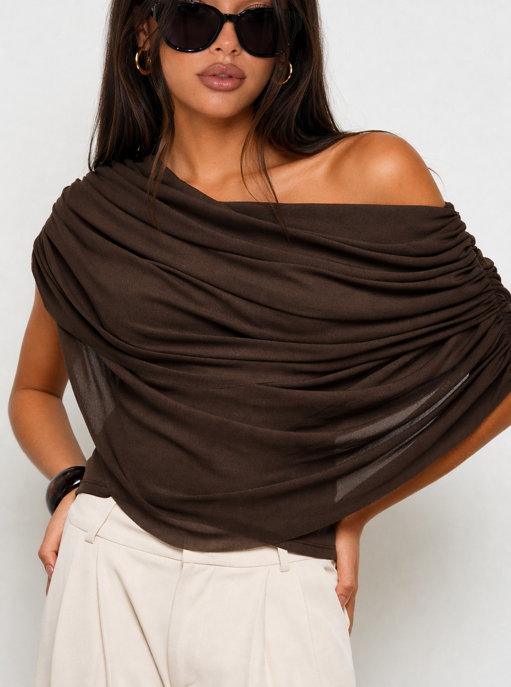 Zephrina Selene draped mesh top in brown
