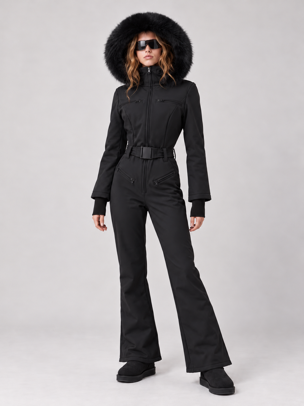 Zephrina Signe belted flared one-piece ski suit in black