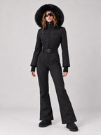 Zephrina Signe belted flared one-piece ski suit in black