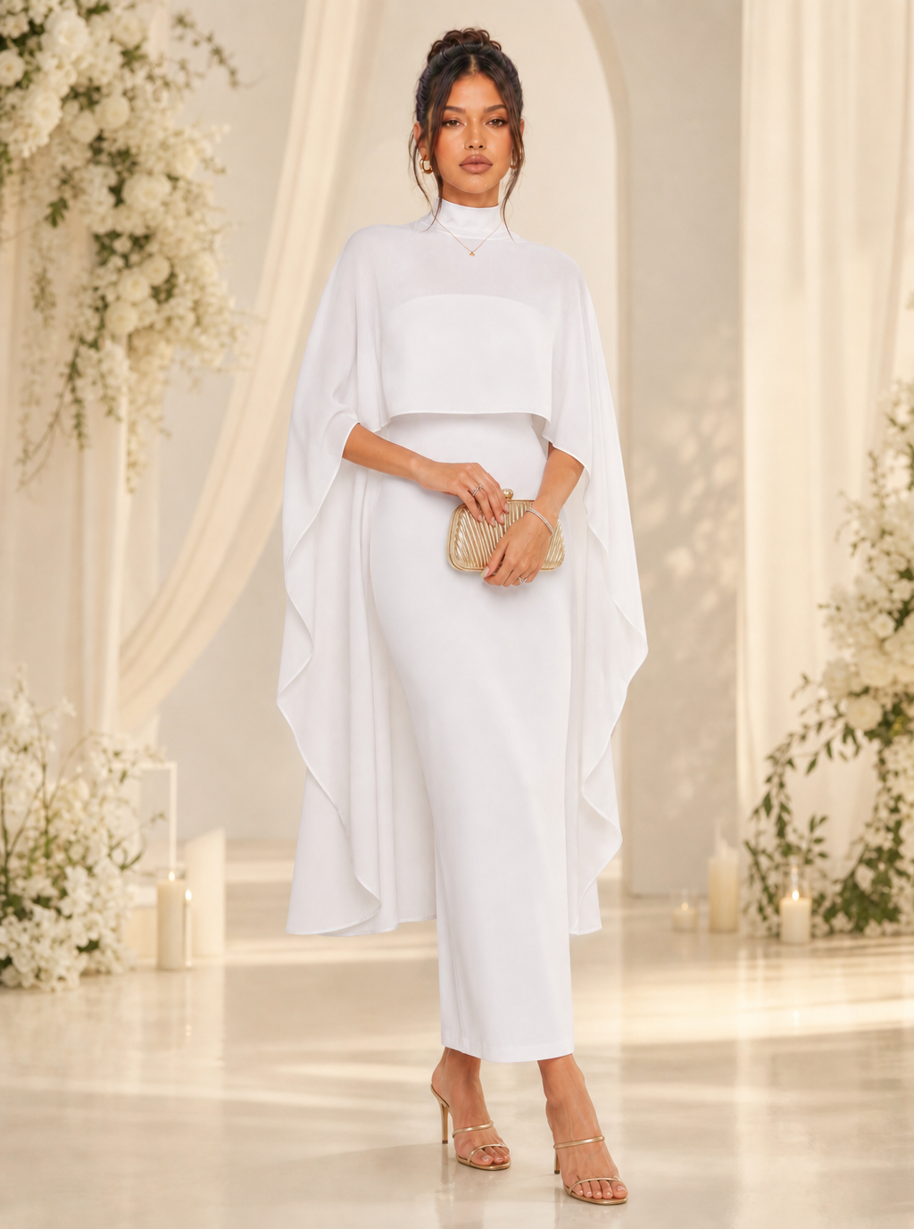 Zephrina Ismeria cape overlay midi dress in white