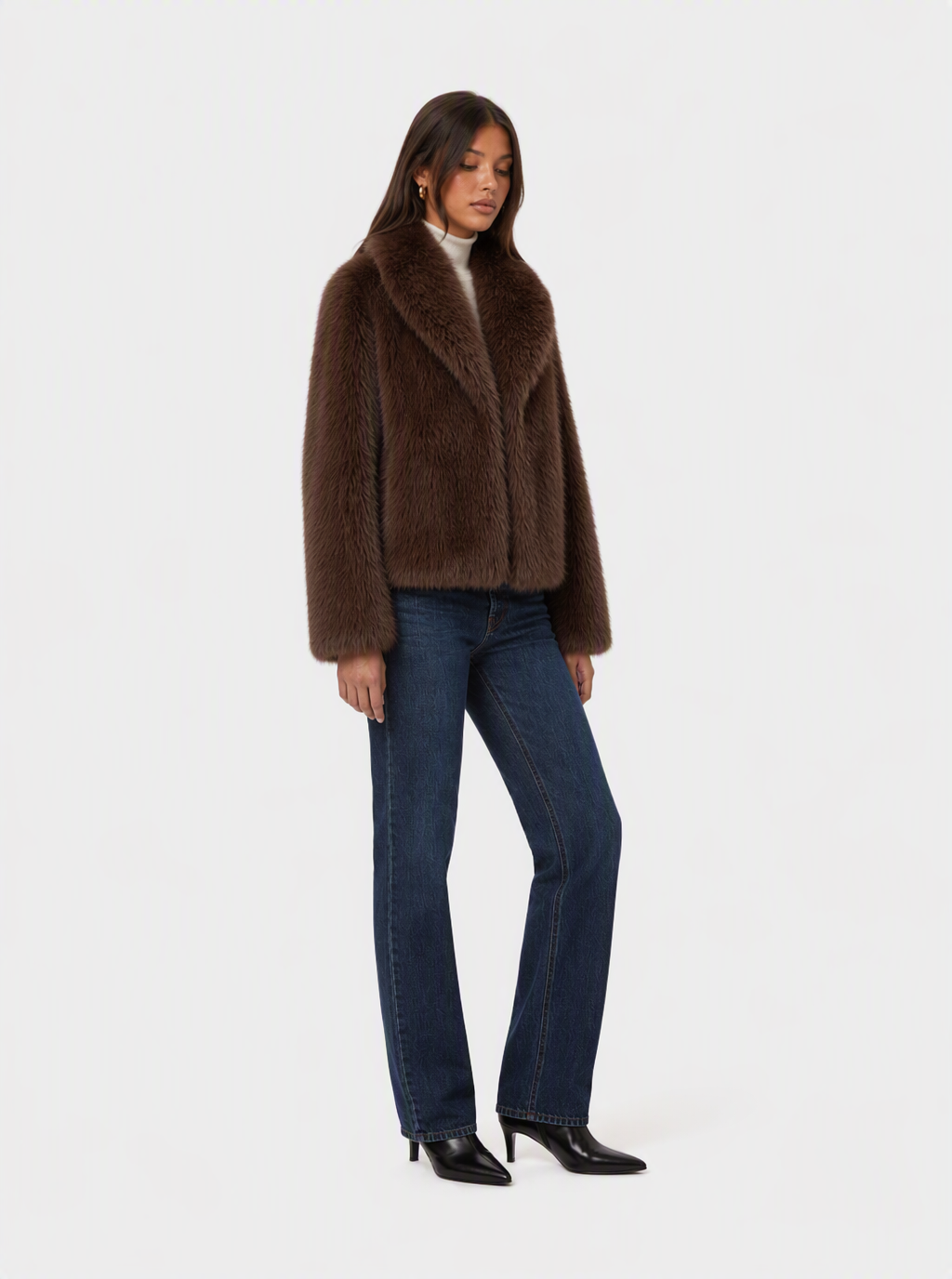 Zephrina Arabella shawl collar faux fur coat in coffee