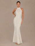 Zephrina Avelina halter floral lace maxi dress in white with a fitted mermaid silhouette