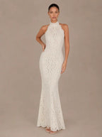Zephrina Avelina halter floral lace maxi dress in white with a fitted mermaid silhouette