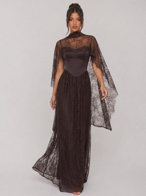 Zephrina Florentina lace cape maxi dress in coffee