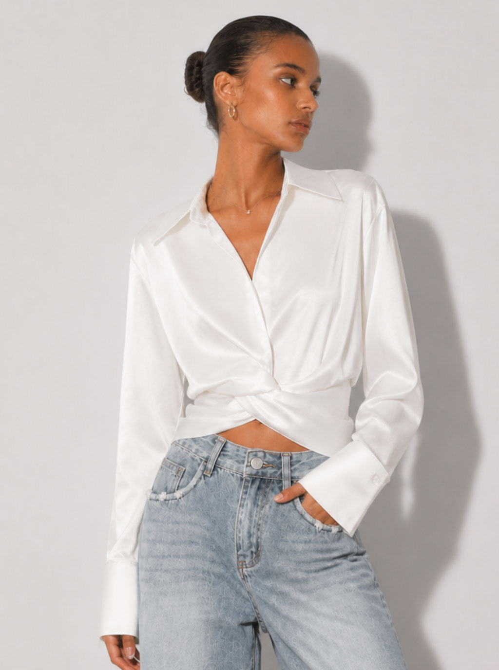 Zephrina Tamsin wrap satin blouse in white