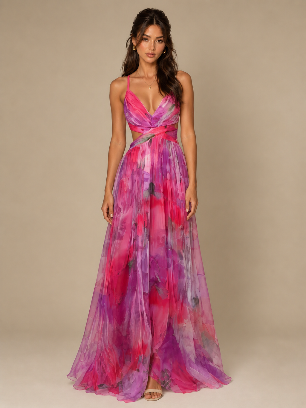 Halina Watercolor Chiffon Maxi Dress
