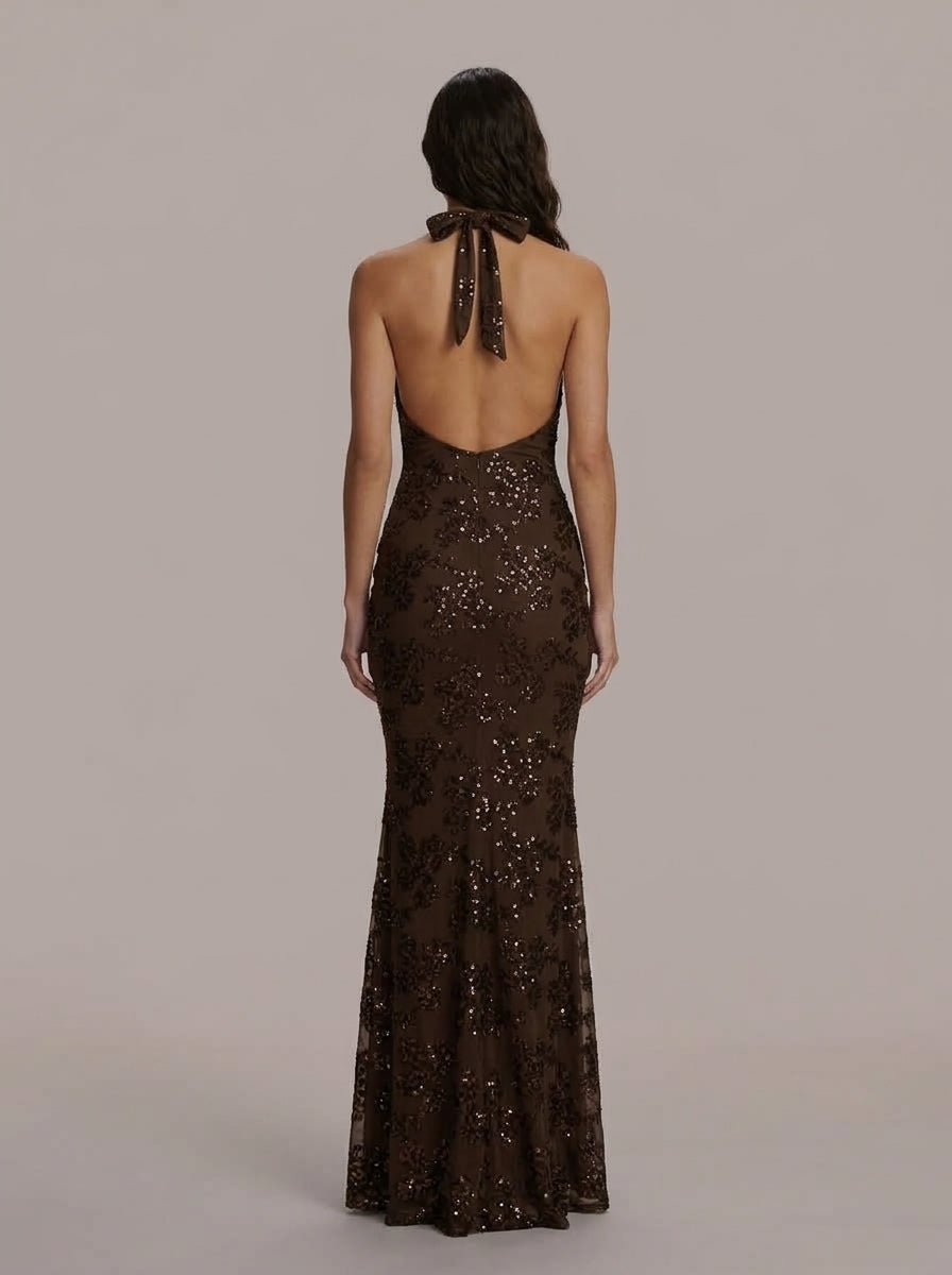 Zephrina Maelys plunging sequin maxi dress in coffee