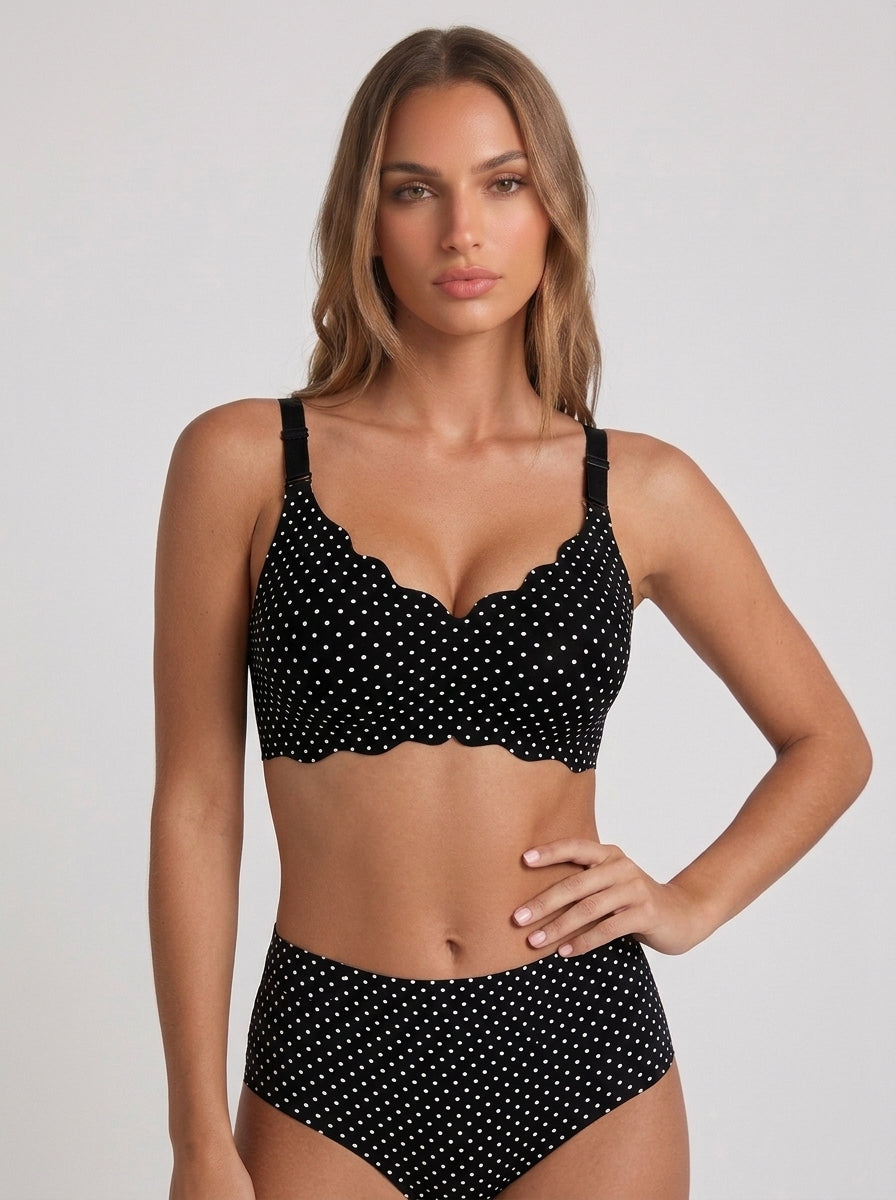 Zephrina scalloped polka dot bra in nude and black