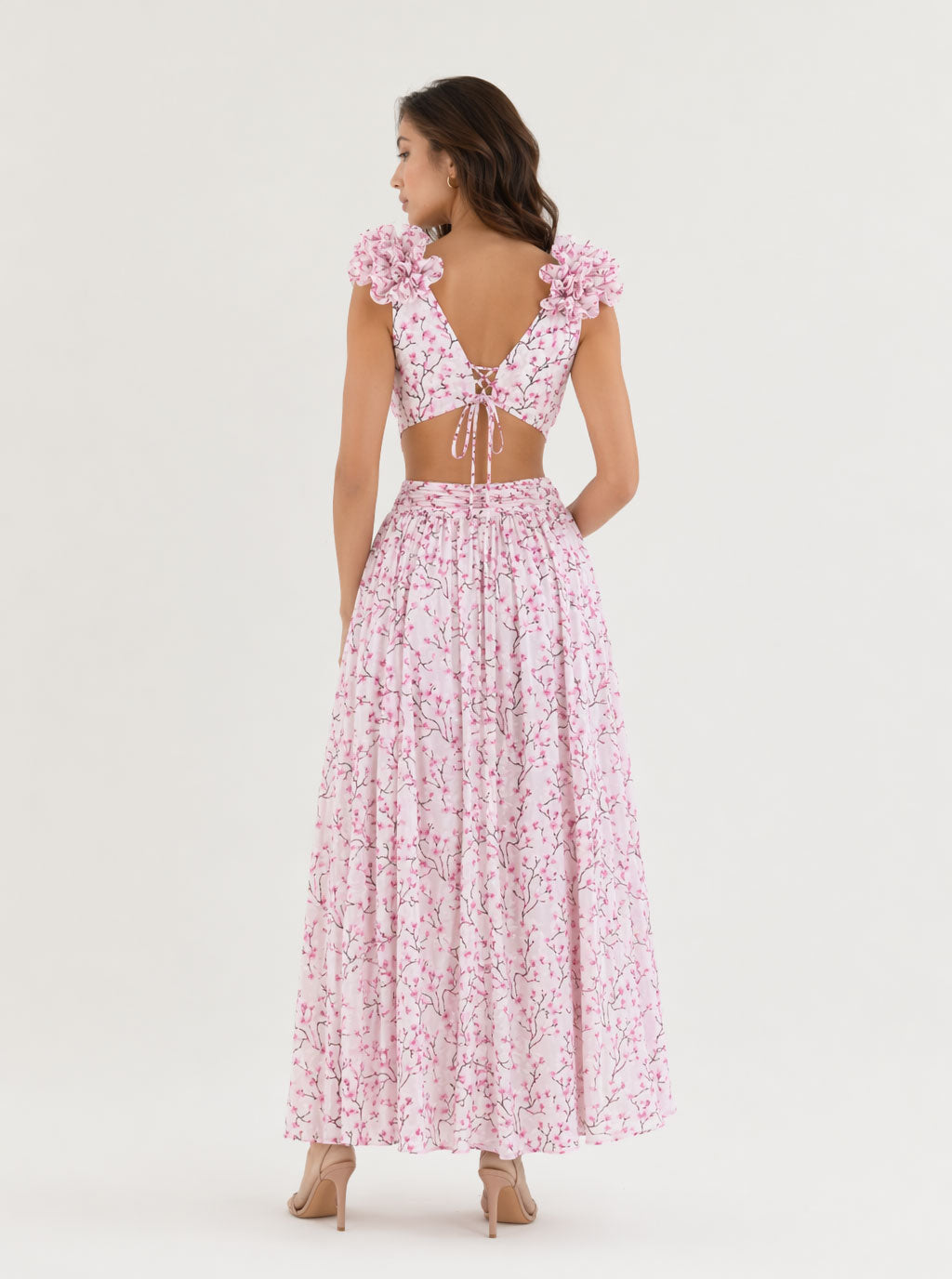 Zephrina Elodie ruffle floral plunge maxi dress in pink