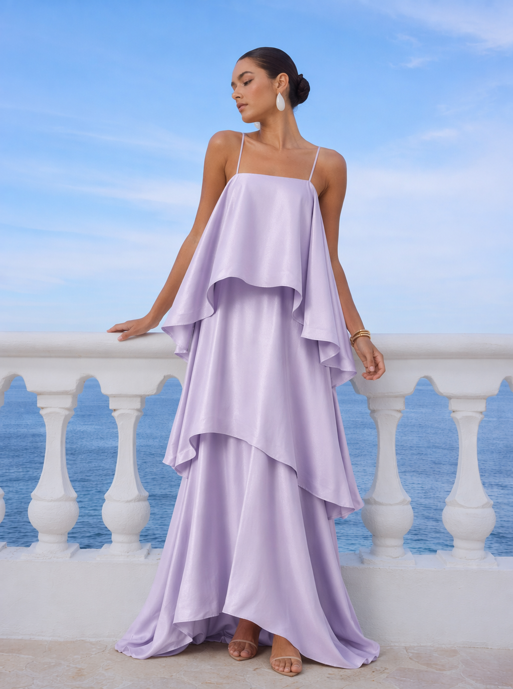 Gestuftes Satin-Maxikleid Solene