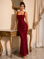 Zephrina Corvina sequin square-neck maxi dress in burgundy
