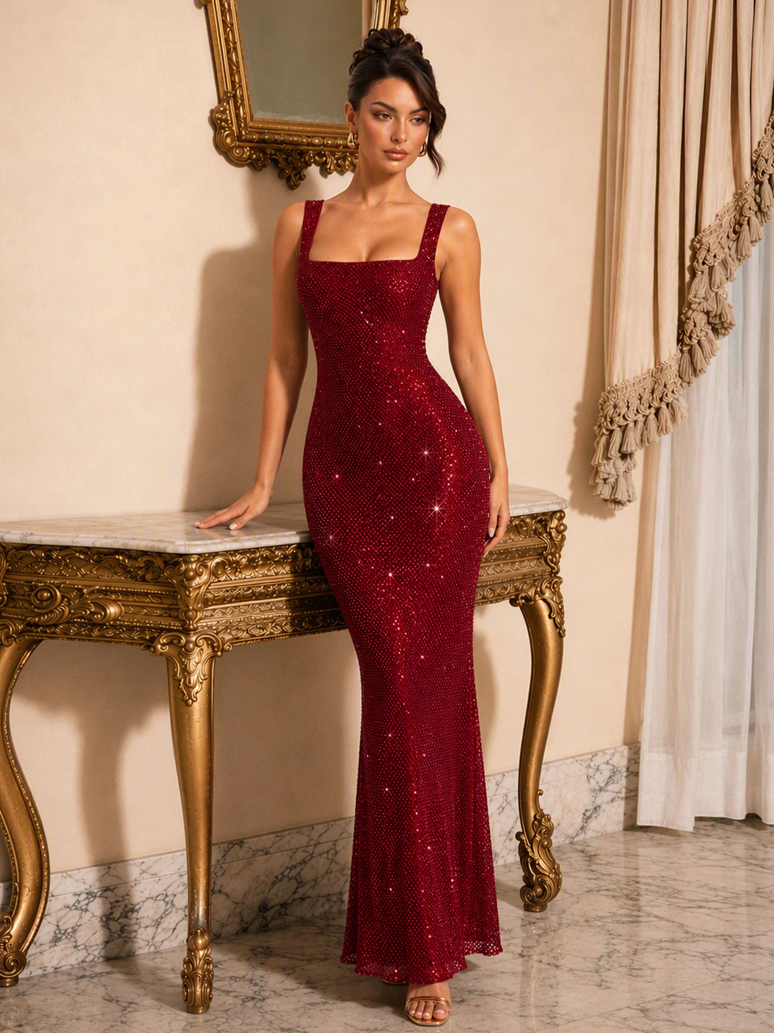 Zephrina Corvina sequin square-neck maxi dress in burgundy