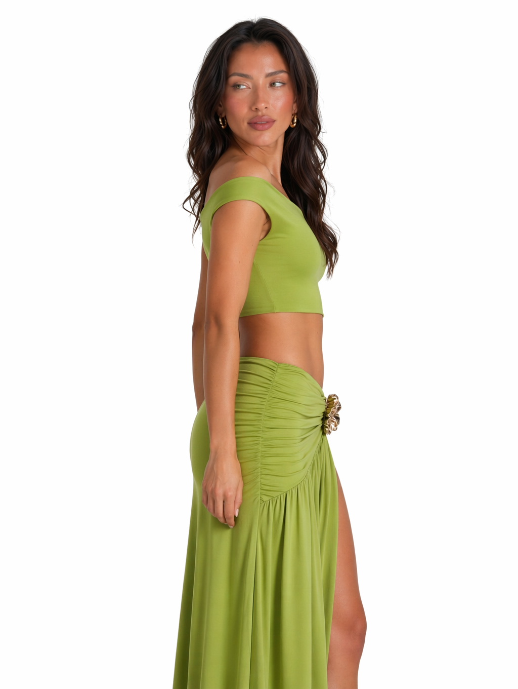 Avocado Green Off Shoulder Crop Top & High Slit Maxi Skirt