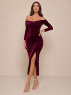 Zephrina Euphemia off-shoulder velvet slit midi dress in burgundy