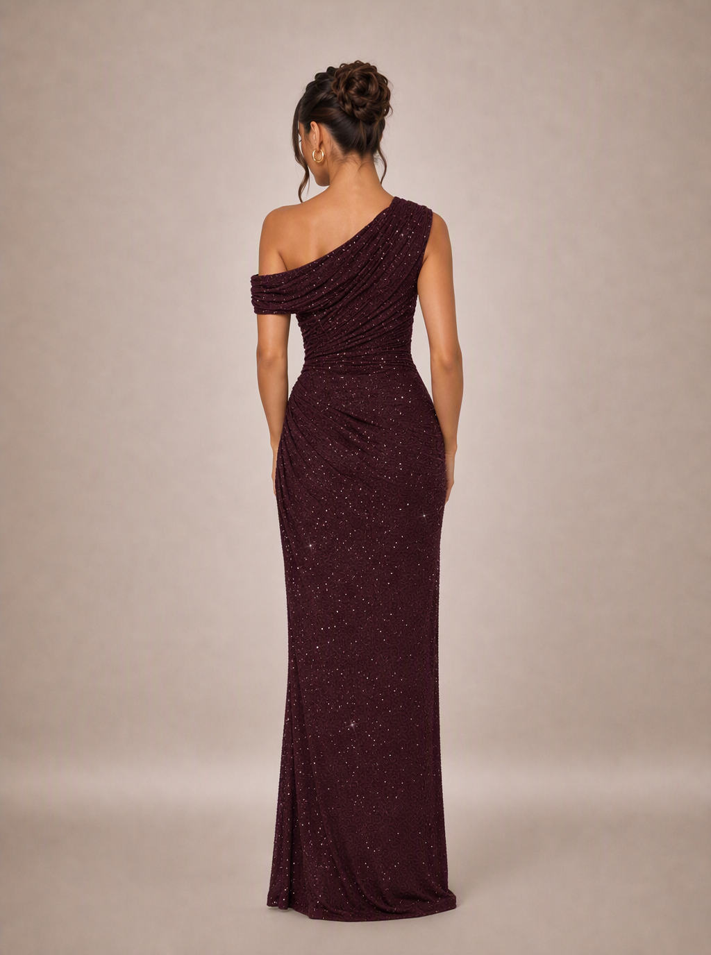Zephrina Hannelore asymmetric ruched maxi dress in burgundy