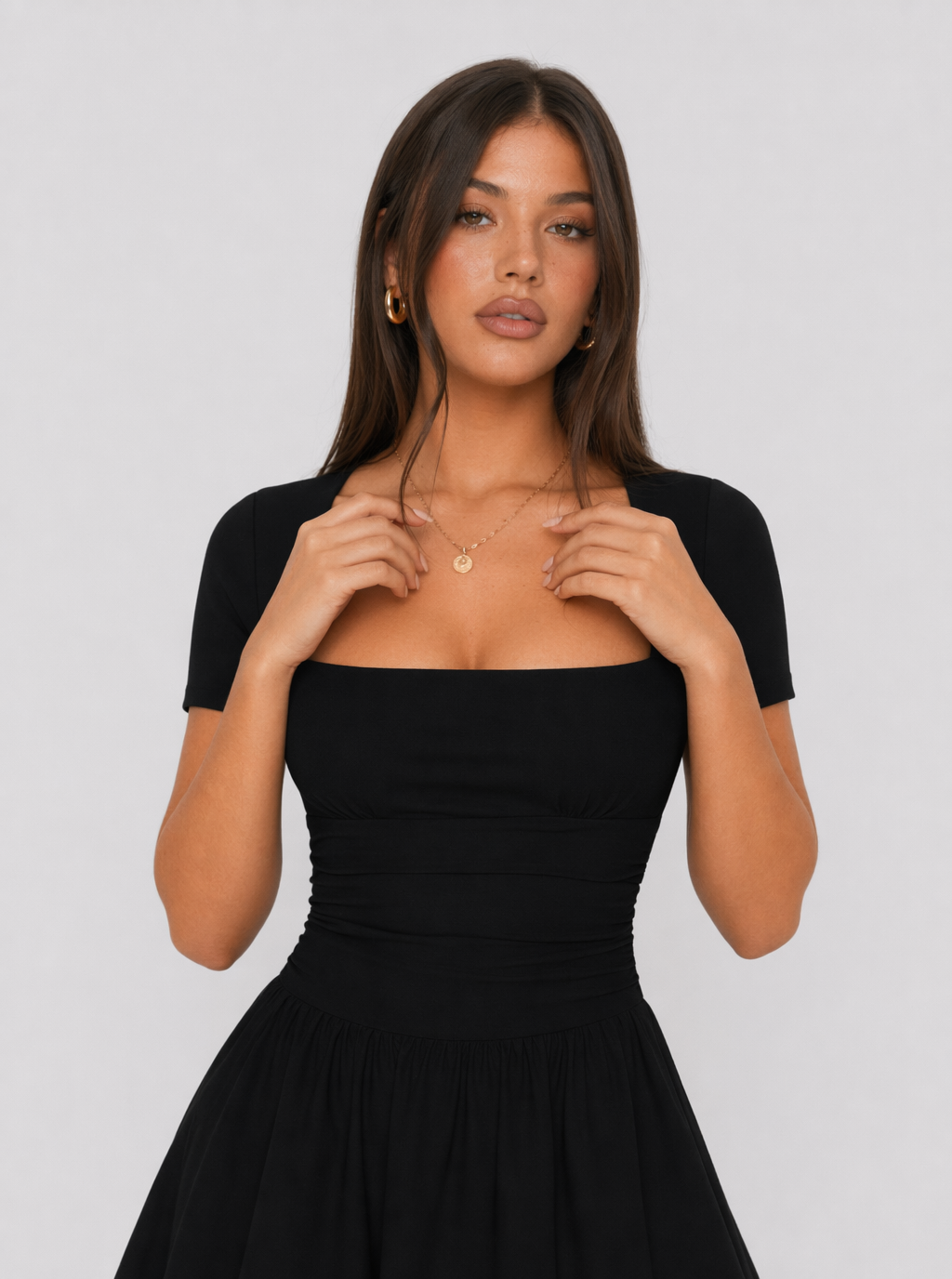 Zephrina Square Neck Short Sleeve Ruched Waist Skort Mini Dress