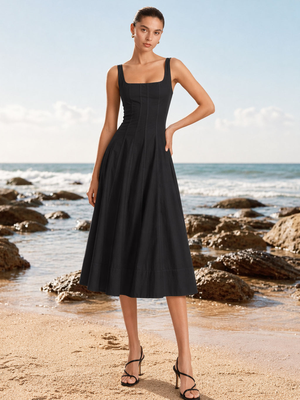 Square Neck A-Line Midi Dress
