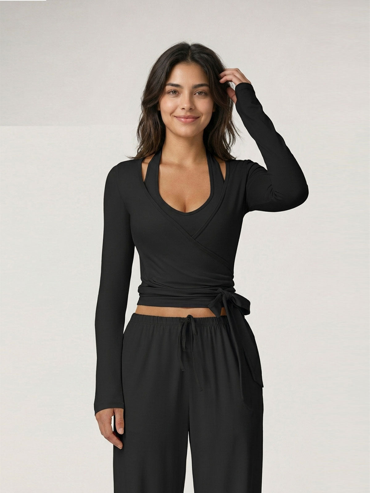 Ballet-Inspired Wrap Long-Sleeve Crop Top