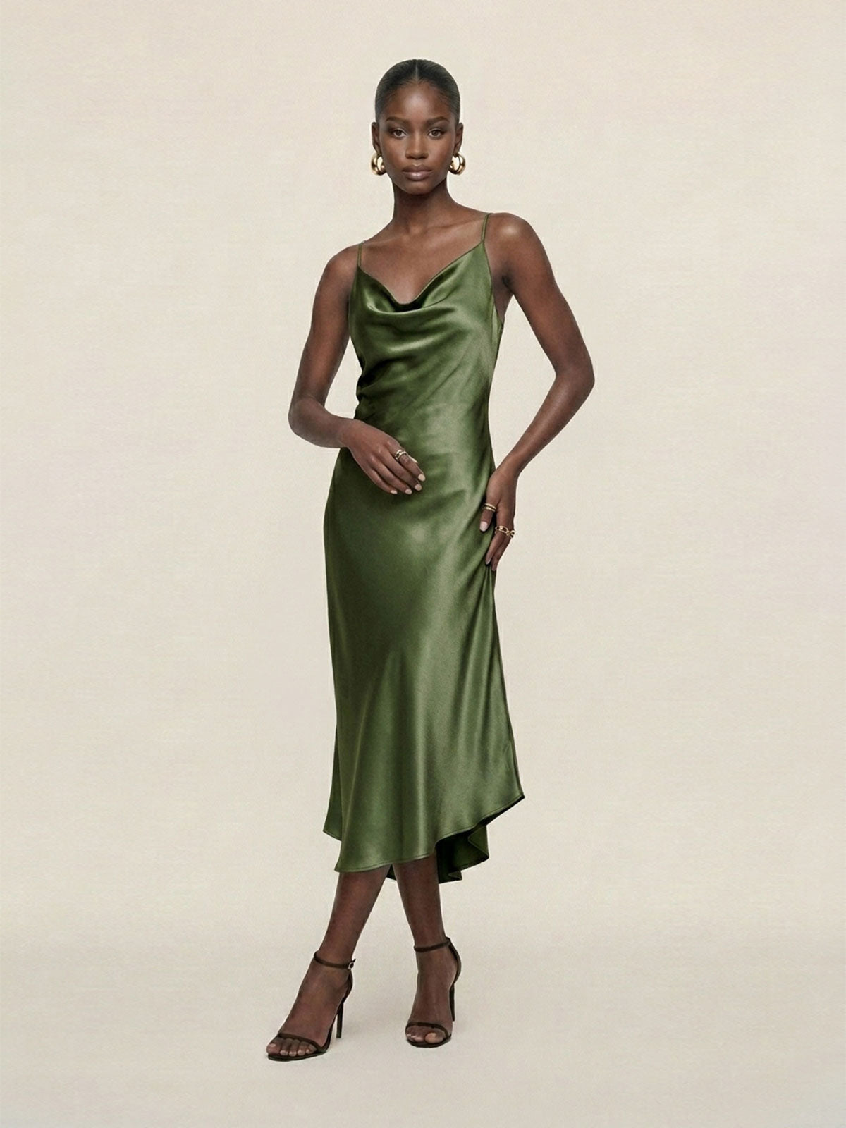 Satin Cowl-Neck Slip Midi Dress