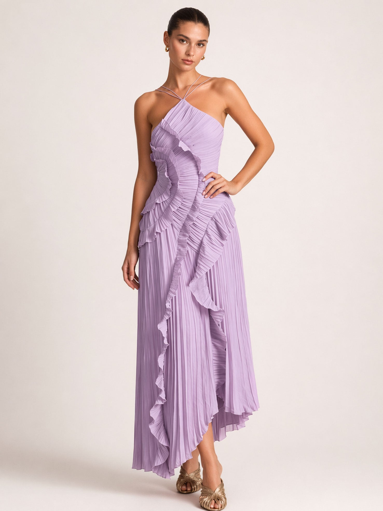 Pleated Halter  Ruffle Details Midi Dress