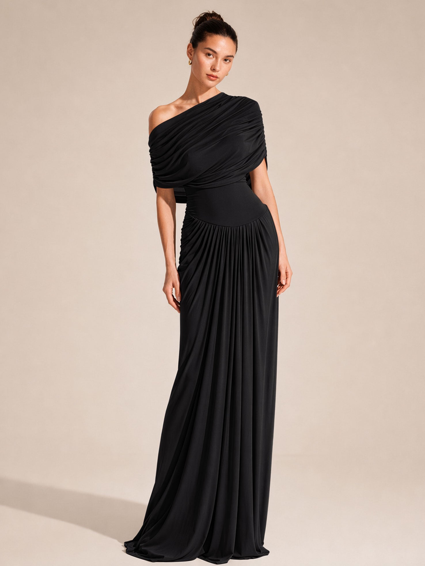 Elegant Draped Shoulder Ruched Maxi Dress
