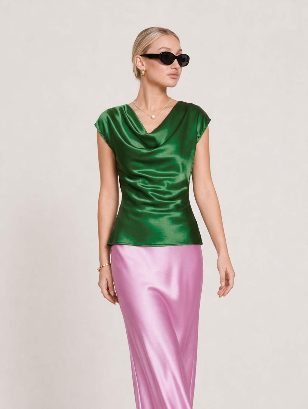 Elegant Acetate Satin Cowl Neck Top + Maxi Skirt Set