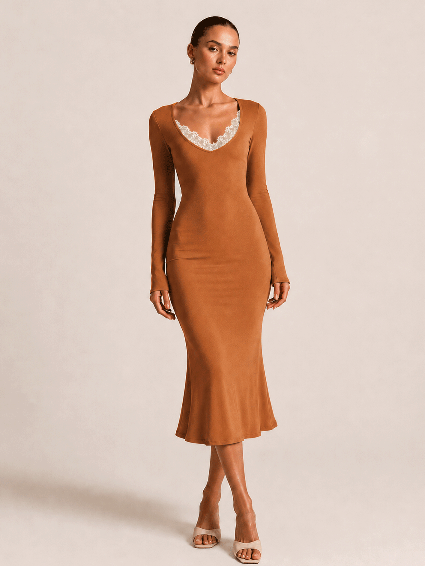 Lace Trim V Neck Long Sleeve Dress
