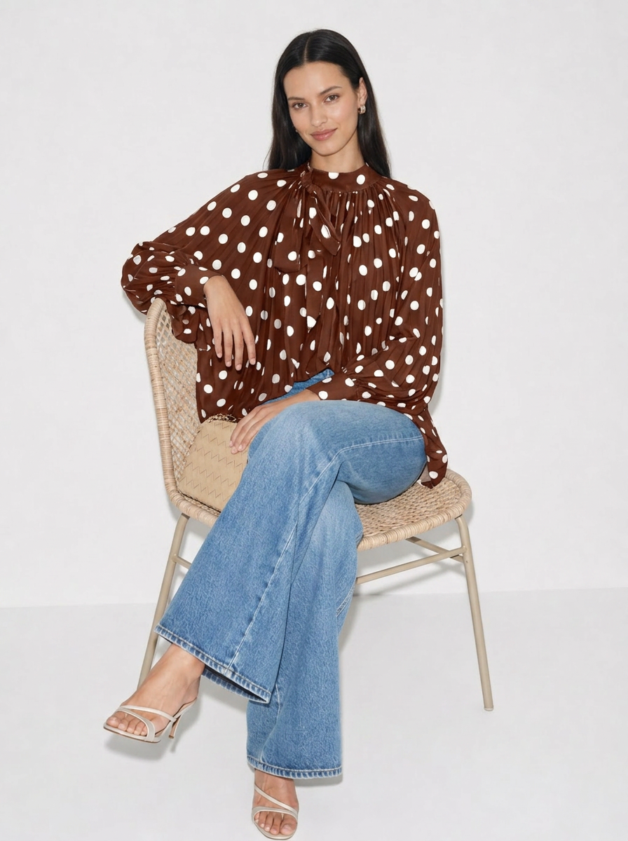 Camille Polka-Dot Oberteil mit Bindekragen