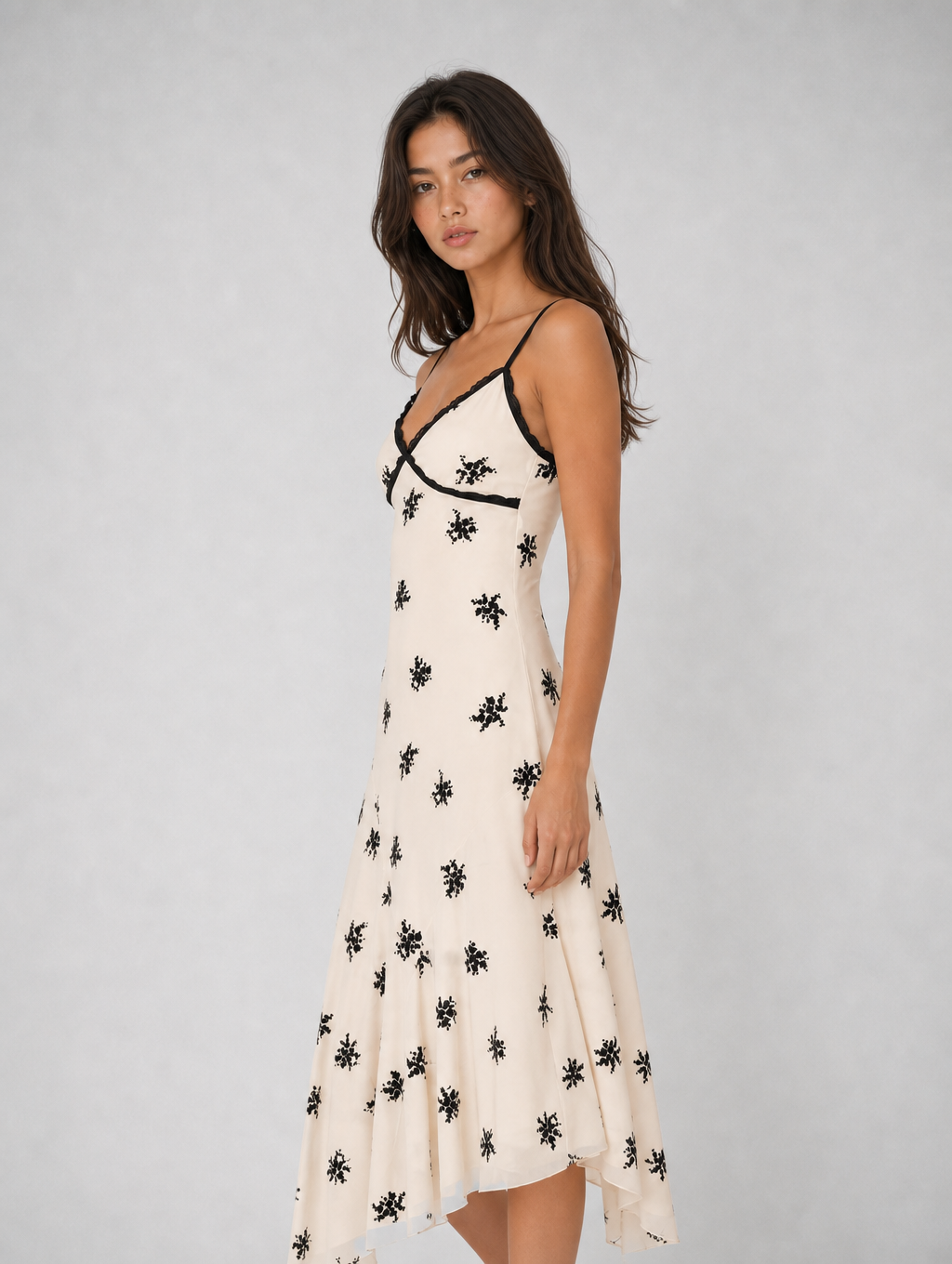 Cream Base Black Floral Print Slip Midi Dress
