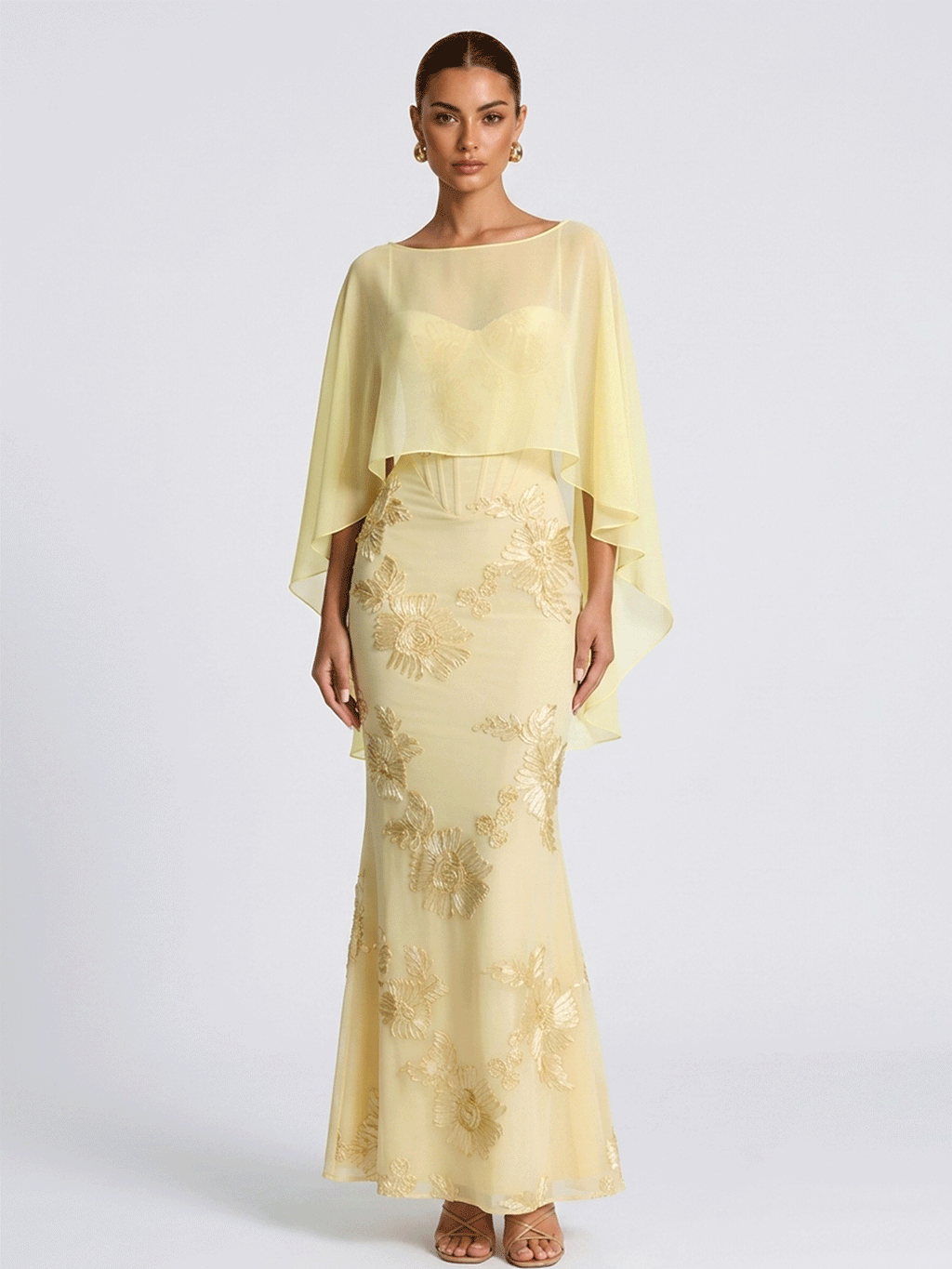 3D Floral Lace Mermaid Maxi Gown With Matching Chiffon Cape