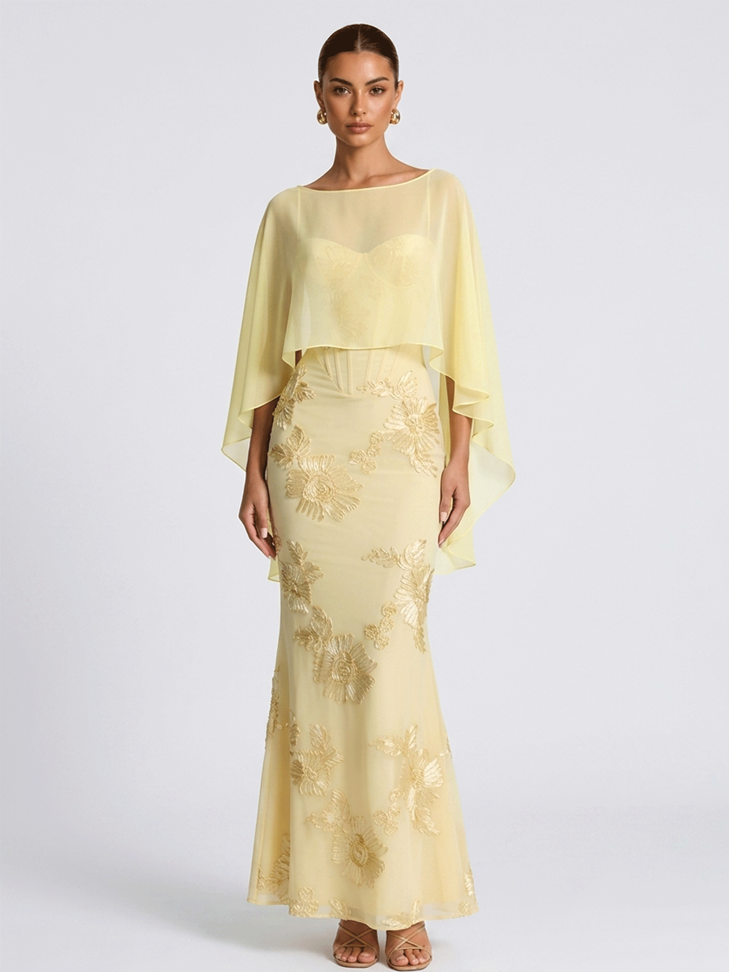 3D Floral Lace Mermaid Maxi Gown With Matching Chiffon Cape