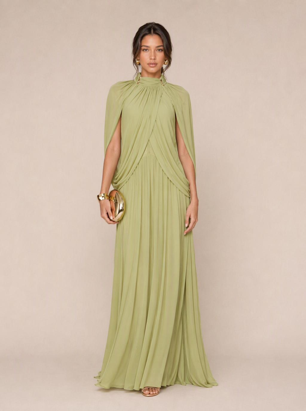 Zephrina Evadne cape-sleeve pleated maxi dress in matcha green
