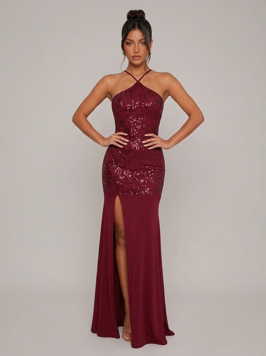 Zephrina Solara sequin halter maxi dress in coffee